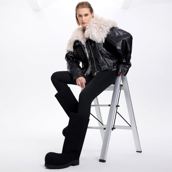 Faux Suede Platform Fuzzy Snow Round Toe Hippy Boots Slip On Knee High Black - Picture 2 of 6